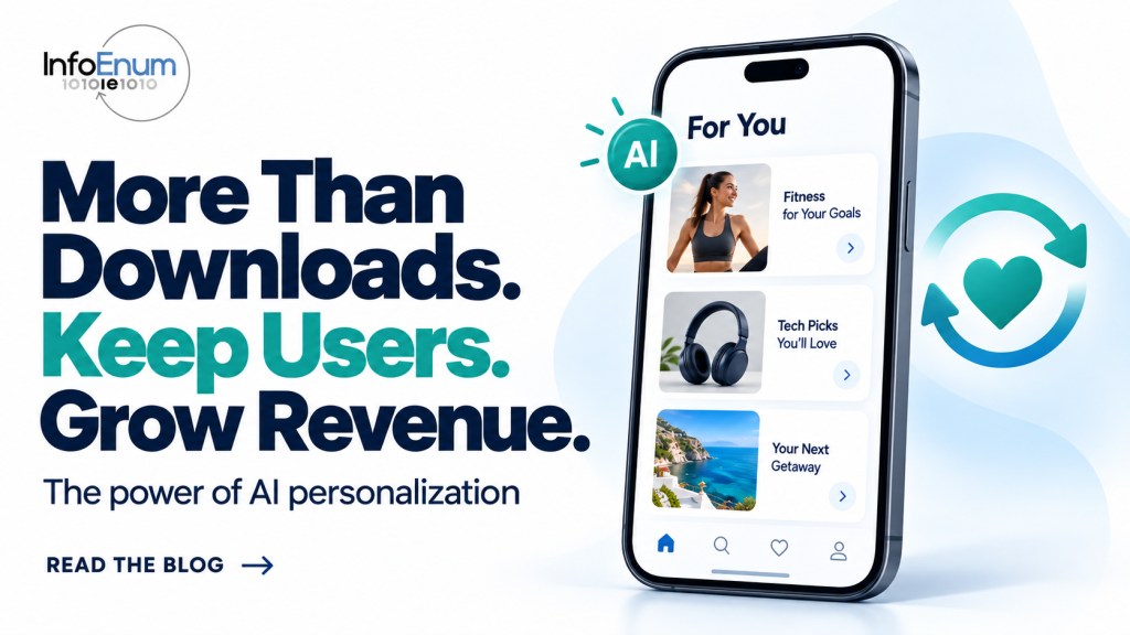 InfoEnum banner showing AI-powered app recommendations with the message “Keep Users. Grow Revenue."